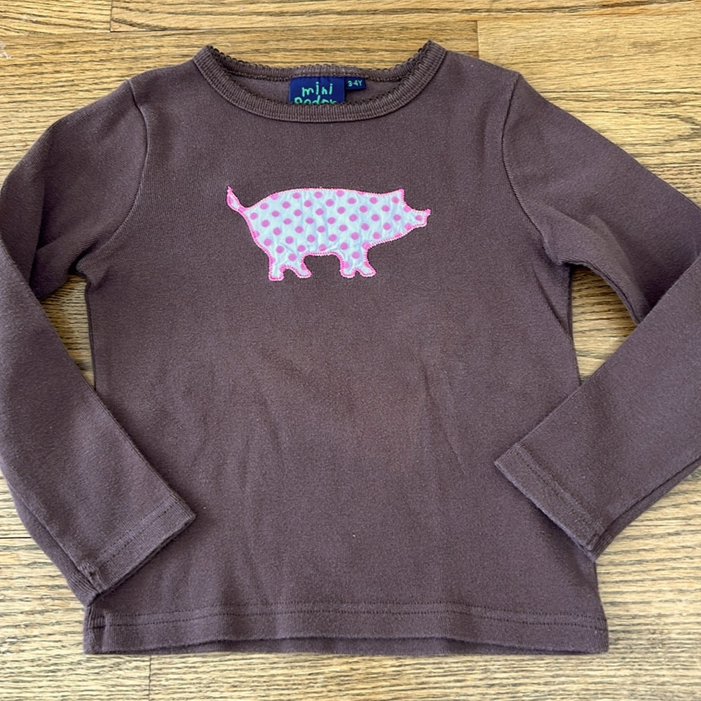 Mini boden girls pink polka dot pig appliqué chocolate brown long sleeve shirt